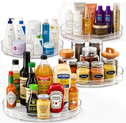 Oizeir Clear Lazy Susan Turntable Organizer (Pack of 4) 9 Inch Acrylic Rotating Storage for Cabinet, Pantry, Fridge, Bathroom, and Vanity Countertops - size: 9 Inches - 4 Pack