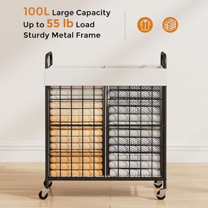 100L 2-Section Laundry Hamper with Wheels, Laundry Basket with Liner Bag | Lockable Casters; Divided Removable Liner; Reinforced Steel Frame; Metal Handle - color: White, size: 100L-2 Sections