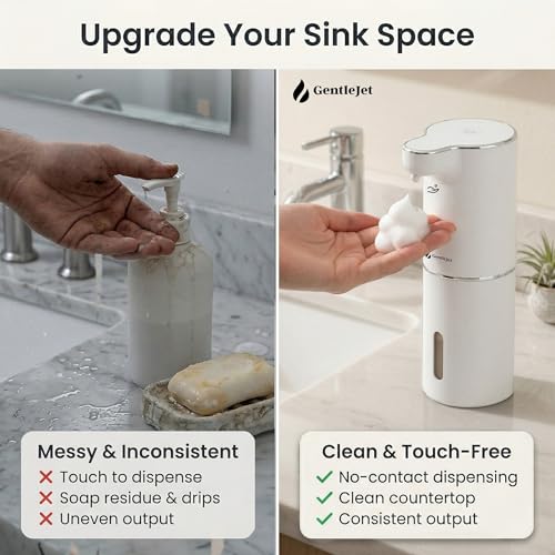 GentleJet JetFoam Automatic Foam Soap Dispenser Touchless Sensor, USB-C Rechargeable, Adjustable Output, IPX5 Waterproof, 300 ml, Bathroom & Kitchen Countertop - color: White