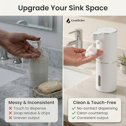 GentleJet JetFoam Automatic Foam Soap Dispenser Touchless Sensor, USB-C Rechargeable, Adjustable Output, IPX5 Waterproof, 300 ml, Bathroom & Kitchen Countertop - color: White