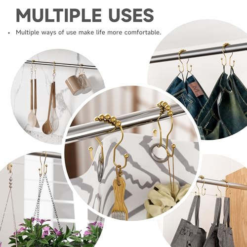Bathway Shower Curtain Hooks, Shower Curtain Rings Rust Proof Double Hook Shower Curtain Hooks, 12 Pcs Dark Gold Shower Hooks for Shower Curtain, Shower Rings for Curtain, Metal Shower Rod Hooks - color: Dark Gold
