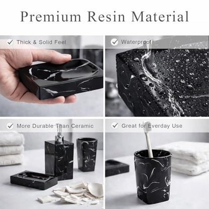 5 Piece Bathroom Accessories Set, Marble Resin Bathroom Vanity Set, Soap Dispenser, Toothbrush Holder, Soap Dish & 2 Tumblers, Bathroom Countertop Organizer Set (Ink Black) - color: Ink Black