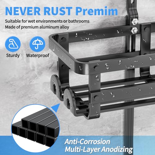 Aluminum Shower Caddy Hanging, Never Rust Shower Organizer | 4 Levels with adjustable Height 10 Hooks for Razor/Sponge - Rack with Soap Basket (Black-1) - color: Black-1