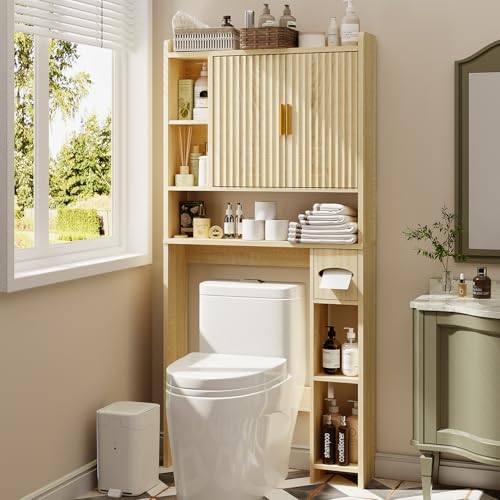 knoworld Fluted Over The Toilet Storage Cabinet, Above Toilet Bathroom Organizer with Toilet Paper Holder, Modern Behind Toilet Cabinet, Space Saver for Restroom, Bathroom, Laundry, Natural Oak - color: Natural, style: Fluted Doors