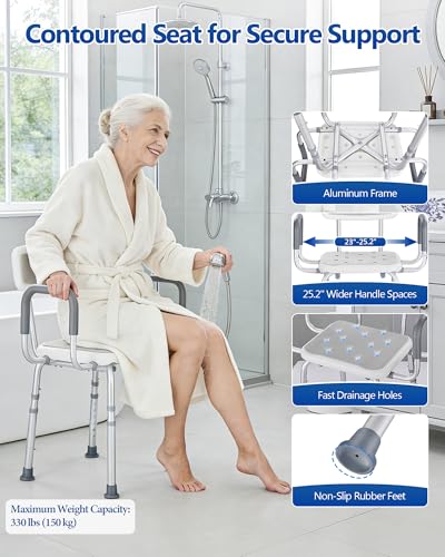 Shower Chair with Back and Arms, 330 lb Capacity | Height Adjustable, Padded Armrests, Non-Slip Seat, For Seniors, Elderly and Disabled Users