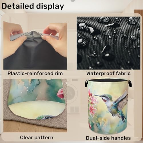 Summer Hummingbird Laundry Basket with Handles - Extra Large Foldable Hamper for Bathroom/Laundry/Bedroom/Dorm, Washable Fabric Storage Bin - color: Summer Hummingbird