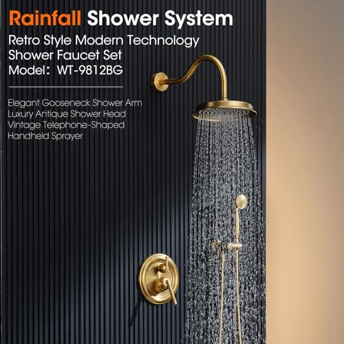 Rainfall Shower System Shower Faucet Set, Luxury, Antique, Brushed Gold | 9 Inch Single Function Shower Head, Pressure Balance Valve, Wall Mounted, Bathroom, Shower Trim Kit - color: Brushed Gold, style: With Handheld