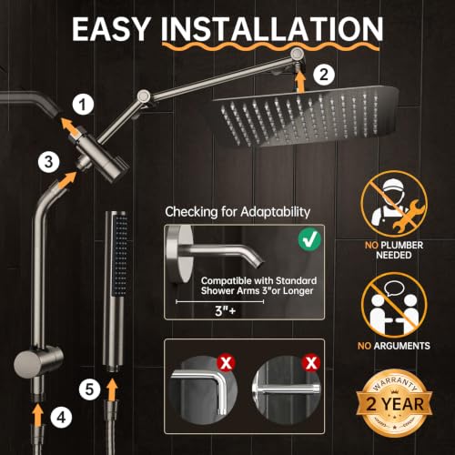 Veken All Metal 10" Luxurious Brushed Nickel Rain Shower Head with Handheld | Dual High Pressure Shower Heads, Power-wash Hand Held with Hose,Double Detachable Showerhead,Square Rainfall,Bathroom Upgrade - color: Brushed Nickel, size: 10 Inch