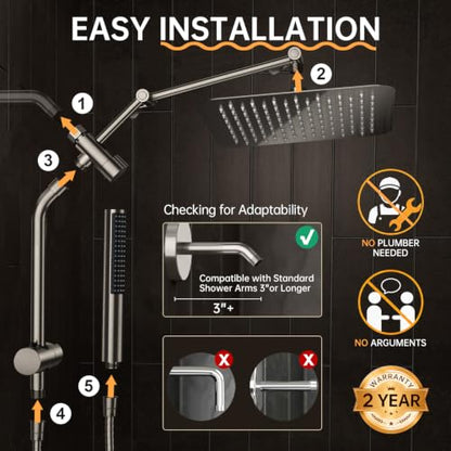 Veken All Metal 10" Luxurious Brushed Nickel Rain Shower Head with Handheld | Dual High Pressure Shower Heads, Power-wash Hand Held with Hose,Double Detachable Showerhead,Square Rainfall,Bathroom Upgrade - color: Brushed Nickel, size: 10 Inch
