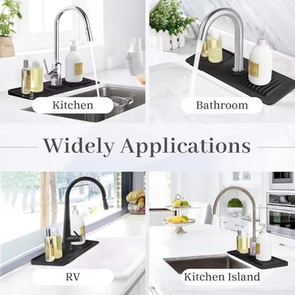 24 inch Faucet Mat for Kitchen Sink Splash Guard, 7° Slope Silicone Sink Water Splash Guard for Kitchen Sink Area with Snap Button, Longer Sink Protectors for kitchen Sink Sponge Holder, (Black )
