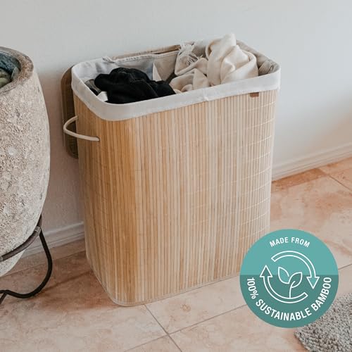 CleverMade Bamboo Double Laundry Hamper LUXE, 103L, Natural Bamboo Hamper | Sort Laundry as You Go with Dual Removable Liners | Lift Each Bag to the Washer and Keep Clothes Hidden Under the Lid - size: Double