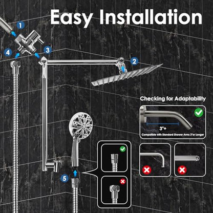 10" Metal Rainfall Shower Head with Handheld Combo, High Pressure Shower heads with 10 Spray Modes, Adjustable Extension Arm,71 Inches Hose and Integrated holder for Easy Fixing,Chrome
