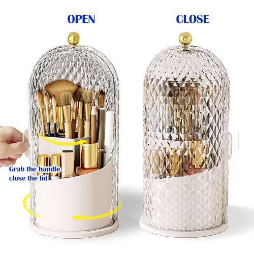 Makeup Brush Holder with Lid, 360 Rotating Multifunction Clear Dustproof Skincare Cosmetic Tools Storage Organizer for Vanity Desktop Bathroom Countertop (White) - color: White