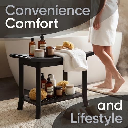 Teak shower bench with Storage Shelf, Shower Stool for Inside Shower, Waterproof Shower Bench Seat, Shower Chair for Inside Shower, Wood Bench, Bathroom Bench (Natural Wood) (Black Wood) - color: Black Wood