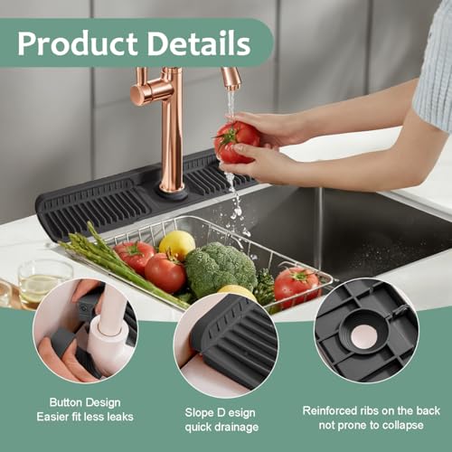 24 Inch Faucet Mat for Kitchen Sink Silicone Folding Faucet Mat for Bathroom Sink Splash Guard 7° Slope Water Draining Tray with Button Lock for Kitchen Bathroom Bar ect(Black) - color: Black