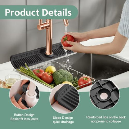 24 Inch Faucet Mat for Kitchen Sink Silicone Folding Faucet Mat for Bathroom Sink Splash Guard 7° Slope Water Draining Tray with Button Lock for Kitchen Bathroom Bar ect(Black) - color: Black