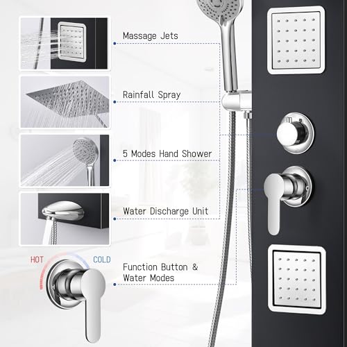 Shower Panel Tower System with Shelf, Tub Spout, Total 4 Body Spray & 5 Handheld Settings, Adjustable Height, Rainfall + Waterfall Shower Head Body Jet Massage