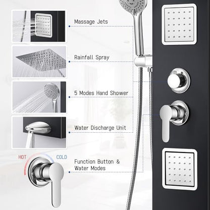 Shower Panel Tower System with Shelf, Tub Spout, Total 4 Body Spray & 5 Handheld Settings, Adjustable Height, Rainfall + Waterfall Shower Head Body Jet Massage