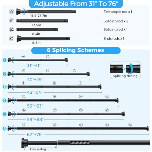 Shower Curtain Rods 31-76" 2Pcs Black Spring Tension Rod Adjustable | 7/8" Tension Shower Rod Carbon Steel Tube, Rust-Proof Non-Slip Tool-Free, Ideal Shower Rods for Bathroom Windows Room Divider - color: Black, size: 31"-76"-2P