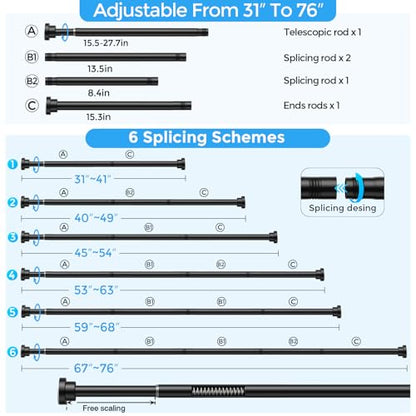 Shower Curtain Rods 31-76" 2Pcs Black Spring Tension Rod Adjustable | 7/8" Tension Shower Rod Carbon Steel Tube, Rust-Proof Non-Slip Tool-Free, Ideal Shower Rods for Bathroom Windows Room Divider - color: Black, size: 31"-76"-2P