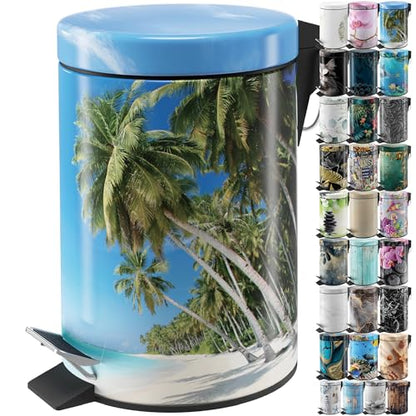 Sanilo Small Bathroom Trash Can with Lid [1.3 Gallon] - Lidded Tiny Trashcan for Garbage - Mini Metal Bin with Soft Closing Mechanism - Bath Room Accessoire Wastebin with Inner Bucket (Caribbean) - color: Caribbean