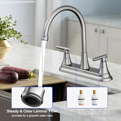 HURRAN 2 Handle Kitchen Sink Faucet, 8 Inch High Arc 360°Swivel Kitchen Sink Faucet, 3 Hole Kitchen Faucet Without Side Sprayer, Centerset RV Kitchen Faucet with Stainless Steel Pipe, Nickel - color: Nickel, style: Without Side Sprayer