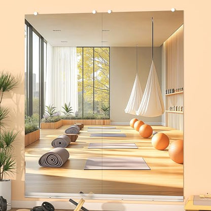 Hasipu Home Gym Mirror, 63"x28" Each, 2-Pack Frameless Wall Mounted Mirrors with Glass Clamps & 1 Aluminum Rail, Large Body Mirror for Home Gym, Yoga Studio, Bedroom, Silver Tempered Glass - size: 63"x28" - 2PCS