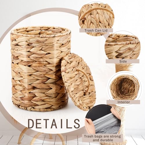 Ctosree 1.3 Gal Boho Wicker Trash Can with Lid,Natural | Small Woven Waste Basket with Lid Handle, 100 Bags Included, Boho Design for Bedroom Bathroom Office Laundry - color: Natural, style: Round