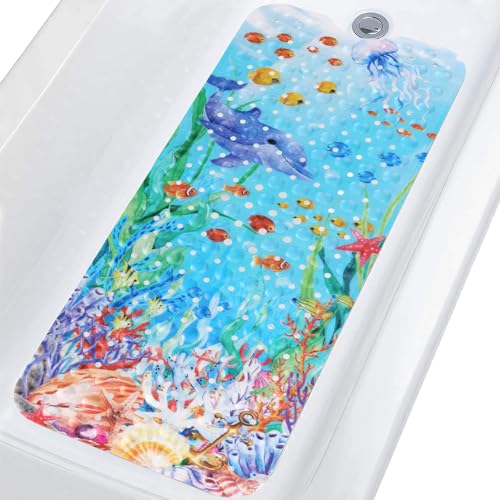 Topotdor Baby Bathtub Mat Non Slip for Kids, 40 X 16 Inch Cute Cartoon Bath Tub Shower Mat Anti Slip with Suction Cups & Drain Holes, Coral Fish - color: Coral Fish
