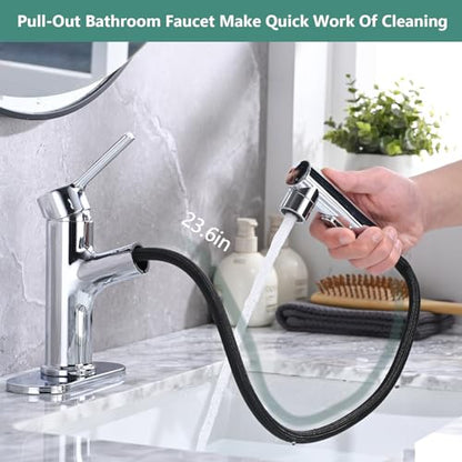 Bathroom Sink Faucet with Pull Out Sprayer, Single Handle Modern Bathroom Basin Faucet with Pop-up Sink Drain Stopper & Deck Plate 1 or 4-inch Centerset 3 Hole, Chrome - color: Chrome