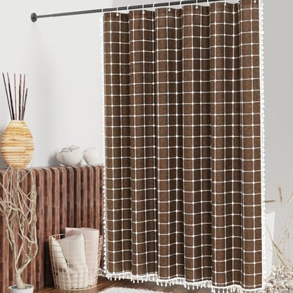 Boho Farmhouse Classic Plaid Linen Tassel Shower Curtain Brown,72x72 | 310GSM Linen Blend Heavy Duty Cloth,3-side Tassels,Wrinkle Resistant,Rustic Bohemian Farmhouse charm,Water Repellent,12 Hooks - color: Brown, size: 72"W x 72"L (Pack of 1)