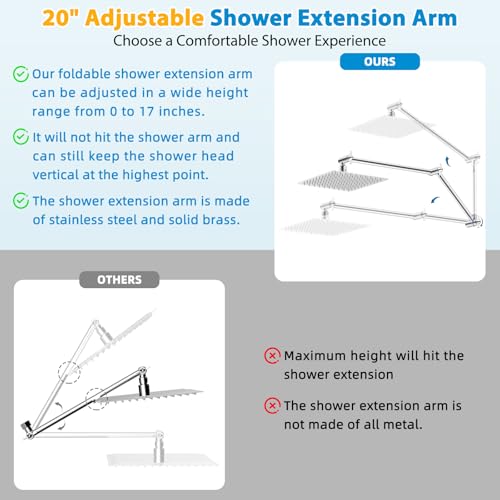 All-Metal 20" Shower Head Extension Arm, G1/2" Universal/Adjustable, Chrome | Flexible Brass Shower Extender Height/Angle Adjustable for Tall People, Stainless Steel Shower Pipe Extended with Lock Joint - color: Chrome, size: 20 Inch