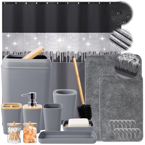 Bathroom Accessories Set with Glitter Shower Curtain and Bath Mats, 24 Piece Grey Shower Curtain Set,Bathroom Accessories Set Complete for Home Decor - size: Bath Set+Shower Curtain+Bath Rugs, style: Grey