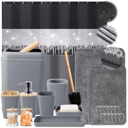 Bathroom Accessories Set with Glitter Shower Curtain and Bath Mats, 24 Piece Grey Shower Curtain Set,Bathroom Accessories Set Complete for Home Decor - size: Bath Set+Shower Curtain+Bath Rugs, style: Grey