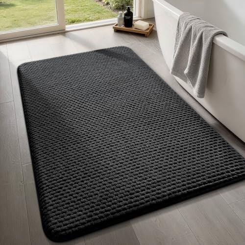 YIHOUSE Bathroom Rugs 20x32, Extra Thick Soft Absorbent Chenille Bath Rug Non-Slip Quick Dry, Machine Washable Bath Mats for Bathroom, Floor, Tub and Shower, Home Decor, Black - color: Black, size: 20" x 32"