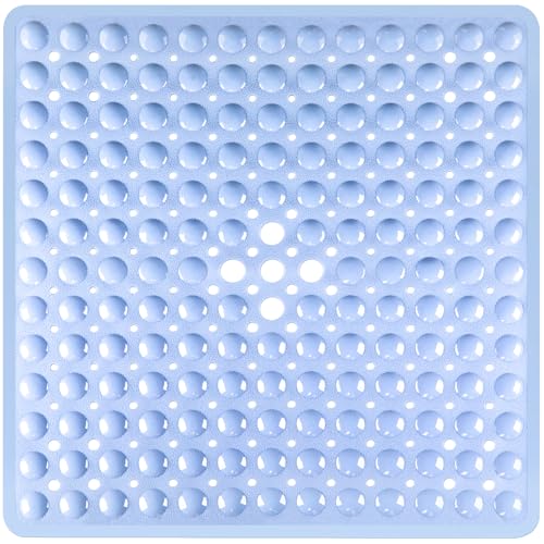 Square Shower Mat Bathtub Bath Mat Non Slip Light Blue 21"x21" | Shower Mats for Inside Shower Tub, Shower Stall Mats for Bathroom Floor, With Suction Cups Drain Hole Easy Washable, BPA-Free - color: Light Blue, size: 21" x 21" (Square)