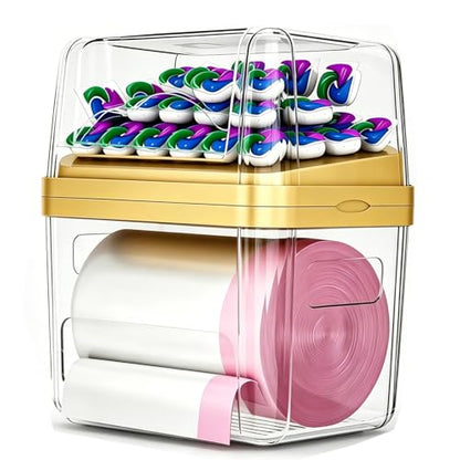 2-in-1 Trash Bag Dispenser & Laundry/Dishwasher Pods Container, Clear Acrylic Garbage Bag Holder with Removable Lids, Under Sink Organizer Kitchen Pantry Storage Box - size: 3IN1 Yellow Holder