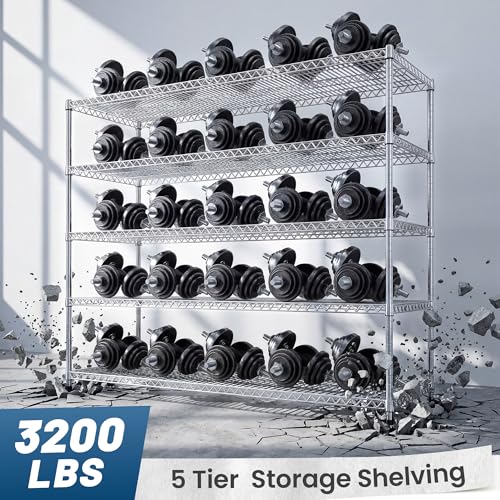 REIBII 55.5" W Storage Shelves 3200LBS Metal Shelving 5 Tier Wire Shelving Garage Shelving Heavy Duty Metal Shelves for Shelving Unit Commercial Adjustable Shelf, 55.5" W X 18''D X 71" H，Chrome - color: Chrome