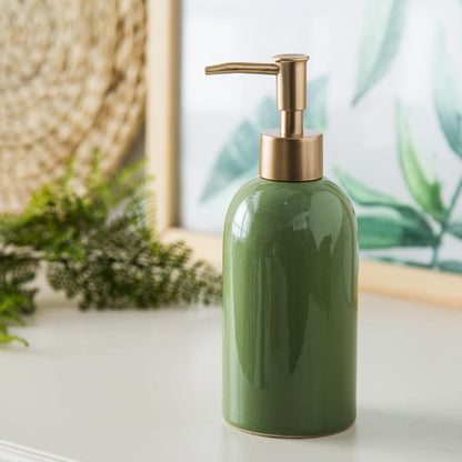 Classic Cylindrical Soap Dispenser, Multi-Color Ceramic Bottle(Green) | Soap Dispenser with Gold Rust-Proof Pump - color: Green