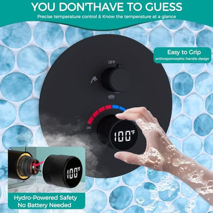 Luxury Dual Heads Digital LED Rain Shower System with Light Remote | Matte Black Temperature Display Shower Faucet: 16x26" LED Rainfall Shower, 6" Wall Mount Shower, Dual Function Handheld - color: Matte Black, style: 16x26"+6"