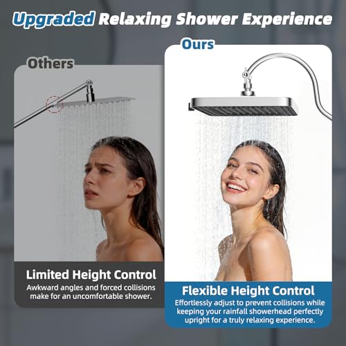 Hibbent 13'' Rain Shower Head with 12'' Shower Head Extension Arm, Chrome | High Pressure 5 Modes Rainfall Shower Head with Solid Brass Adjustable Shower Arm Extender, Waterfall fixed Square Showerhead - color: Chrome