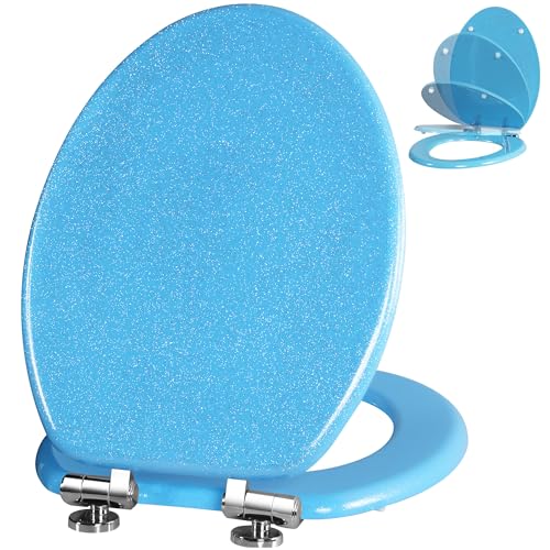 Angol Shiold Glitter Toilet Seat Molded Wood Elongated Toilet Seat with Quietly Close and Quick Release Hinges, Easy to Clean also Easy to Install (Elongated 18.5'', Blue) - color: Blue, size: Elongated 18.5‘’