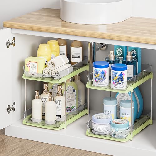 Delamu 2-Tier Multi-Purpose Bathroom Under Sink Organizers and Storage, Stackable Kitchen Pantry Organization, Pull Out Medicine Cabinet Organizer with Movable Dividers, Green, 2 Pack - color: Green, size: 2 Pack