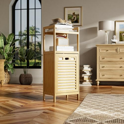 HITNET Tilt Out Laundry Hamper, Bamboo Laundry Basket with Foldable Bag and 2 Open Shelves, Freestanding Clothes Storage Organizer for Bedroom, Bathroom, Living Room, Natural - color: Natural