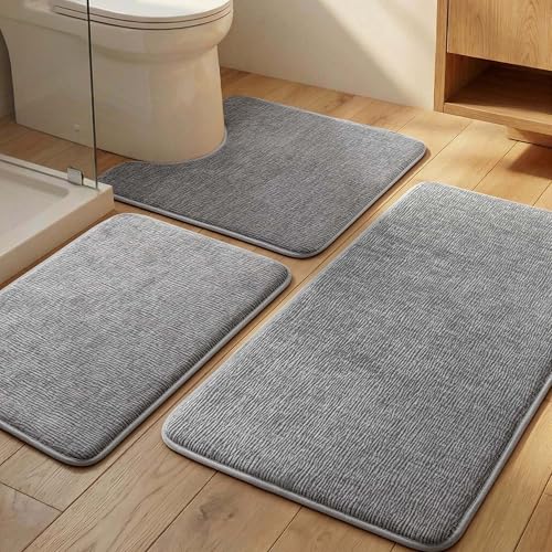 3-Piece Memory Foam Bath Mat Set, Grey, Soft, Absorbent, Non-Slip, Quick Dry, Bathroom Rugs Set - color: Grey, size: 3pieces