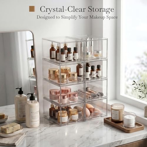 8 Pack Small Clear Stackable Acrylic Storage Boxes & Drawers | Storage Organizer, Clear Plastic Makeup Organizer, Ideal for Vanity, Cabinet, Desk Organization, Art Tool & Sketch