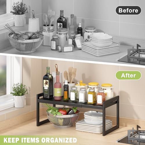 DOLALIKE Expandable kitchen Countertop Organizer, Stackable Cabinet Shelf Organizers, Space Saving Spice Rack Pantry Storage for Bathroom Office (Black, 1 Pack) | Space Saving Metal Pantry Storage Racks for Kitchen Spice Rack Pans and Untensils Bathroom O