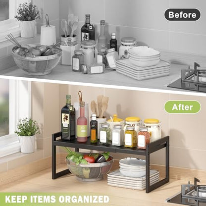 DOLALIKE Expandable Kitchen Countertop Organizer, Stackable Cabinet Shelf Organizers, Space Saving Spice Rack Pantry Storage for Bathroom Office Organization (Black, 2 Pack) | Space Saving Metal Pantry Storage Racks for Kitchen Spice Rack Pans and Untensi