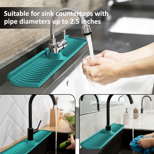 Extra Long Silicone Faucet Mat, 76cm Double-Sided Drain Pad for Kitchen Sink & Bathroom, Flexible Splash Guard with Center Hole, Non-Slip, Easy to Clean, Fits Most Faucets (Teal) - color: Teal