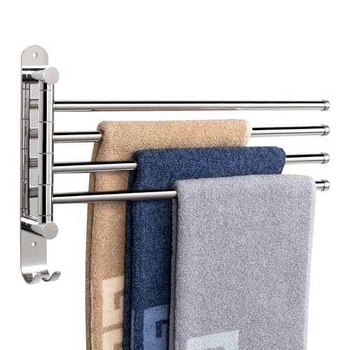 NearMoon Swivel Towel Rack, 13.8" Thicken 304 Stainless Steel 4-Arm Towel Bar, Space Saving Wall Mounted Towel Holder with Hook, Rustproof Swing Out Towel Hanger for Bathroom, Kitchen (Chrome Finish) - color: Chrome Finish, size: 13.8 Inch
